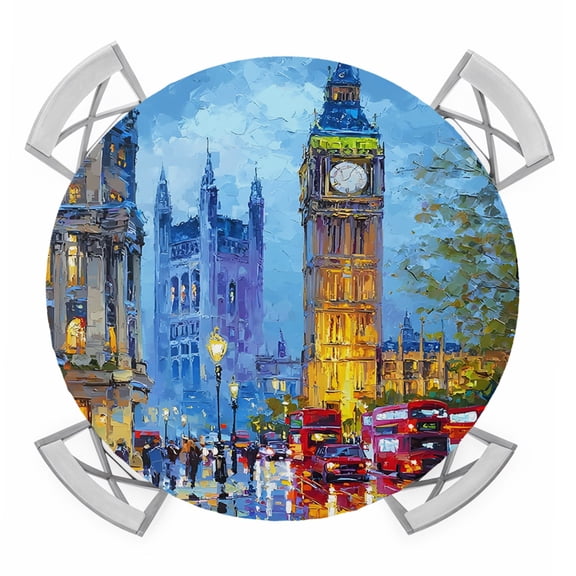 Big Ben Round Table Cover, Urban Street Red Bus Impressionist Waterproof Fitted Tablecloths for 36"-44" Tables, Washable Picnic Table Cover for Camping Dining Indoor Outdoor
