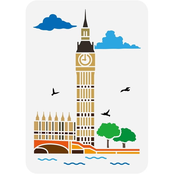 Big Ben Scenery Painting Stencil 11.7x8.3 inch Reusable London Landmark Clock Tower Drawing Template Architectural Theme DIY Craft Hollow Out Stencil for DIY Making