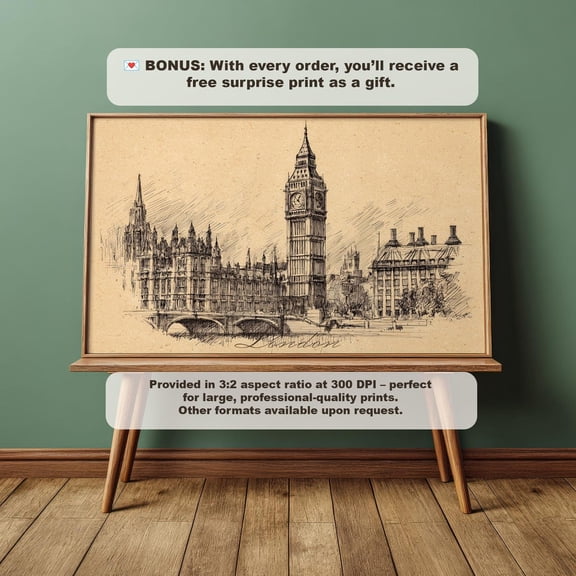 Big Ben Sketch Print London Vintage Travel Decoration, Unframed Paper Poster 16x20in