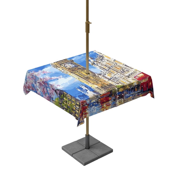 Big Ben Square Outdoor Tablecloth with Umbrella Hole Spring Cherry Blossoms Red Bus Impressionist 54x54 Inch Waterproof Table Cover Zippered Table Cloth for Garden Patio