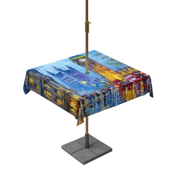 Big Ben Square Outdoor Tablecloth with Umbrella Hole Urban Street Red Bus Impressionist 54x54 Inch Waterproof Table Cover Zippered Table Cloth for Garden Patio