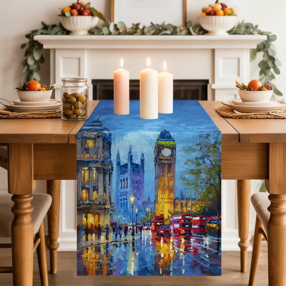 Big Ben Table Runner, Urban Street Red Bus Impressionist Washable Cotton-linen Table Runners Dining Kitchen Decoration for Everyday Home Wedding Party Decor, 13 x 36 Inch