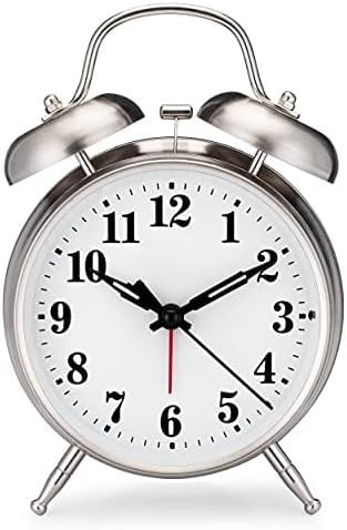 -Big Ben Twin Bell Alarm Clock | Loud Alarm Clock for Heavy Sleepers | Battery Operated Metal Clock with Backlight for Bedside Table, Bedroom, Kids Room, Desk (Silver, 4")