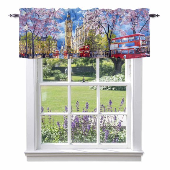 Big Ben Valances for Windows, Spring Cherry Blossoms Red Bus Impressionist Rod Pocket Valance Short Window Treatments Curtains for Kitchen Bathroom Bedroom Decor, 60 x 18 Inches