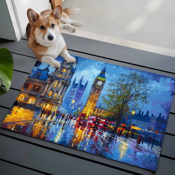 Big Ben Washable Entry Rug 2x3 Urban Street Red Bus Impressionist Low Pile Indoor Door Mat with Rubber Backing Thin Area Rug for for Entrance, Bedroom, Kitchen, Laundry, Bathroom
