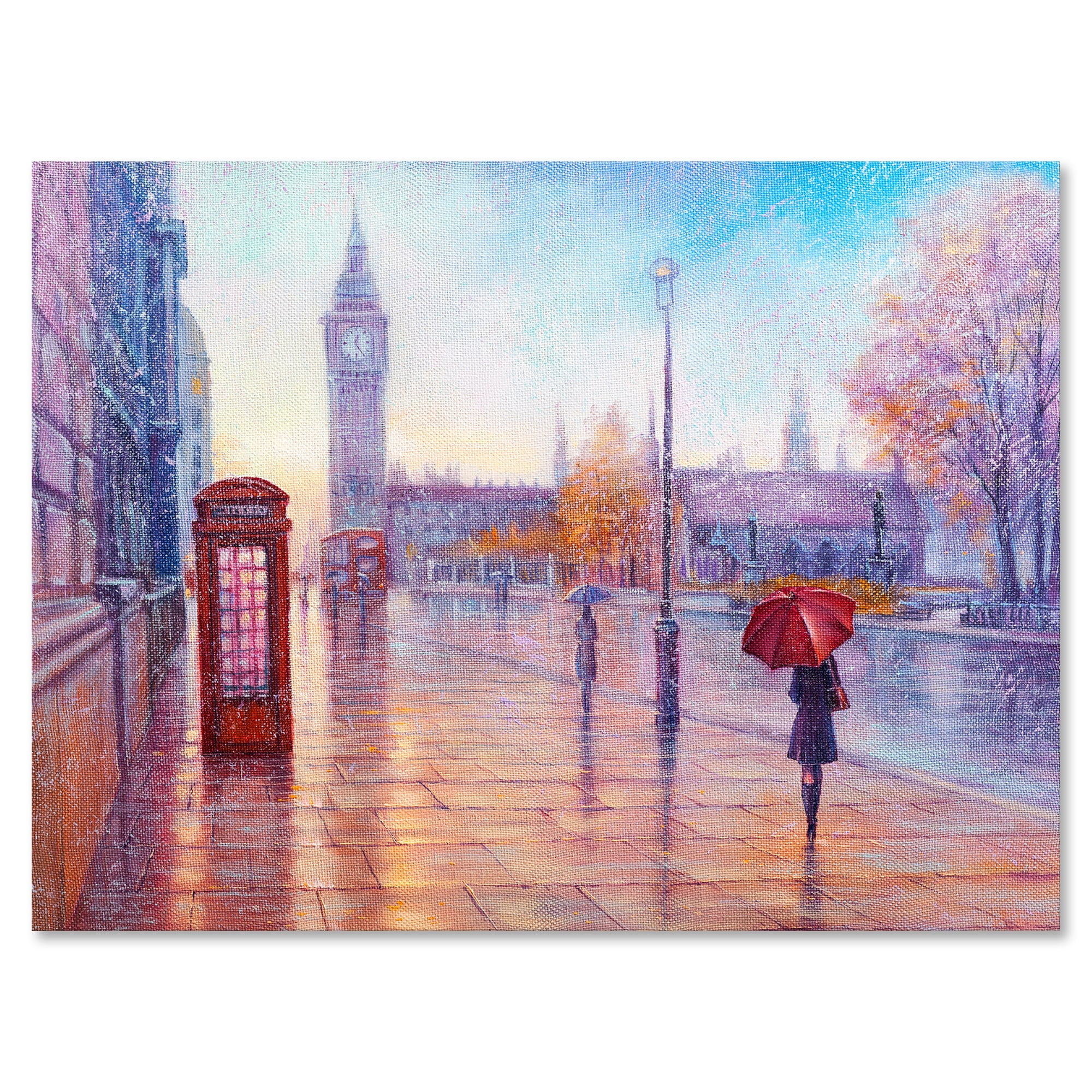 Big Ben and Woman With Red Umbrella In London Street 32 in x 24 in Painting Canvas Art Print, by Designart