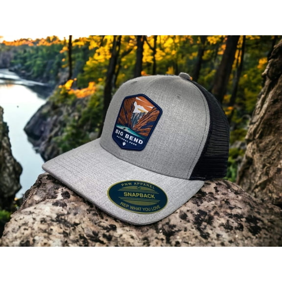 Big Bend Snapback Hat National Park Trucker Gifts Patch - Heather Grey on Black