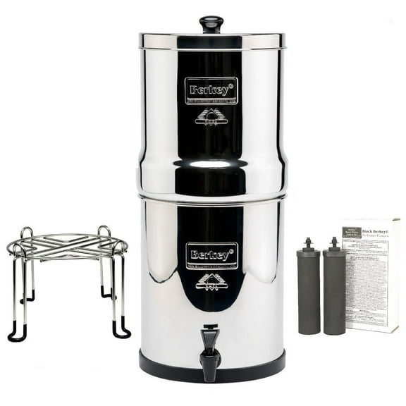 Big Berkey Gravity-Fed Water Filter with 2 Black Berkey Purification Elements and Rubberized Non-Skid Feet Wire Stand Accessory