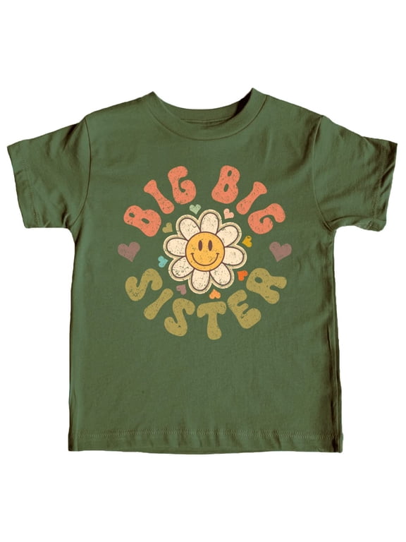 Big Big Sister Groovy Daisy Shirt for New Baby Pregnancy Reveal Outfit for Baby and Toddler Youth Girls Military Green Shirt 12 Months