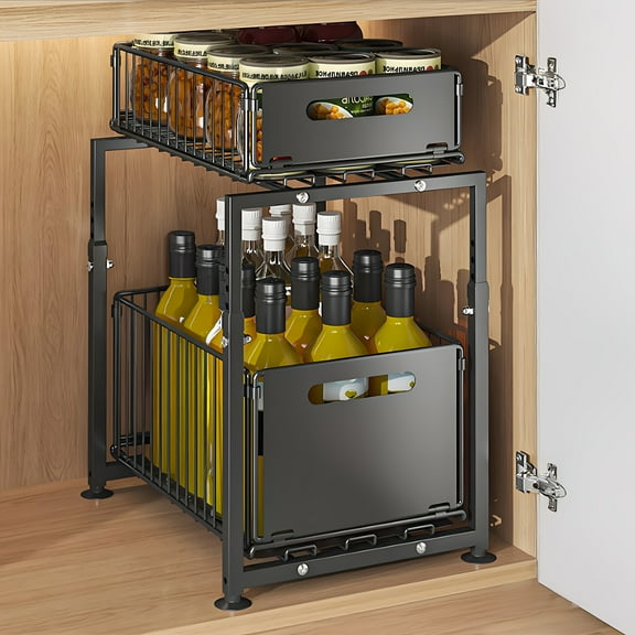 [Big Black Pull Out Drawer] 1pc Big Black Pull Out Drawer For Kitchen Cabinet, 2-Tier No Drill Roll Out Organizer, Space-Saving Cabinet Organizer For Home Kitchen Use, Slide Out Shelves