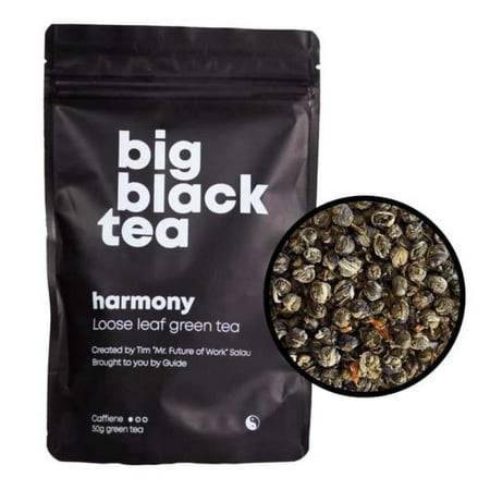 Big Black Tea Harmony - Premium Organic Loose Leaf Green Tea with Jasmine Petals, 25g, 15 Filters