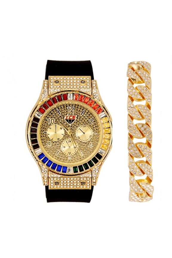 Big Bling Watch Inspired by Hip Hop - Mens Iced Out Timepiece - Faux Chrono Eyes - Diamond Rhinestones on Blast w/Miami Cuban Bracelet - ST10380 Rainbow GLD Cuban