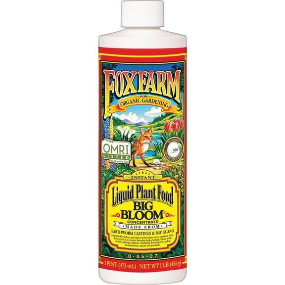 Hydrofarm Big Bloom Plant Food Liquid Fertilizer - Natural, Indoor Use - 1pt  Outdoor & Indoor Plant Use, Easy Application