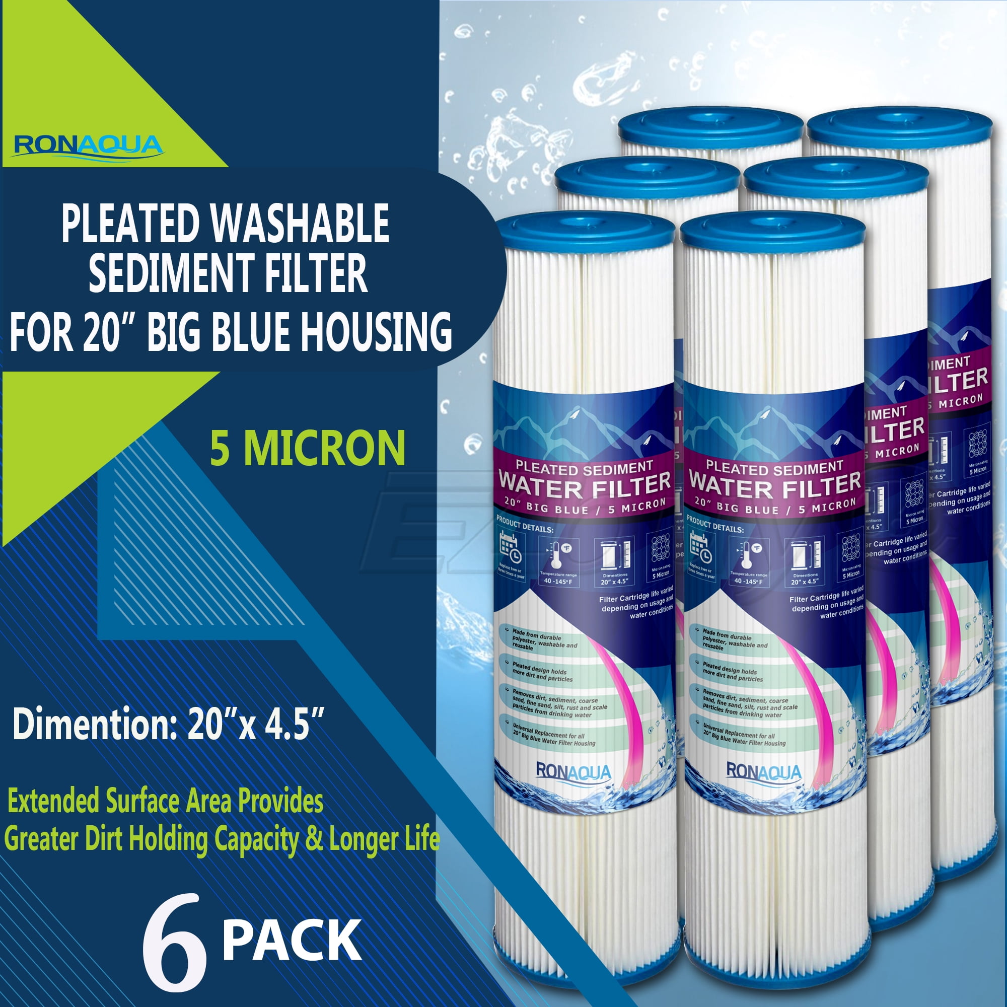 Big Blue Pleated Washable & Reusable Sediment Filter 5 Micron Amplified Surface Area, Removes Sand, Dirt, Silt, Rust, Extended Filter Life for 20" Big Blue Housing, by Ronaqua (Set of 6)