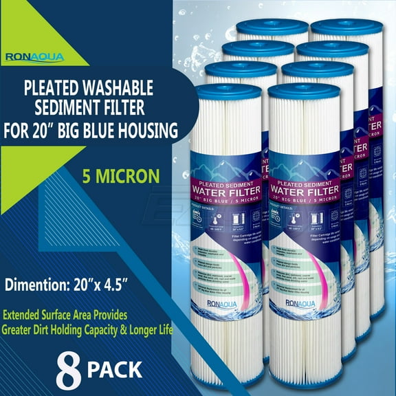 Big Blue Pleated Washable & Reusable Sediment Filter 5 Micron Amplified Surface Area, Removes Sand, Dirt, Silt, Rust, Extended Filter Life for 20" Big Blue Housing, by Ronaqua (Set of 8)