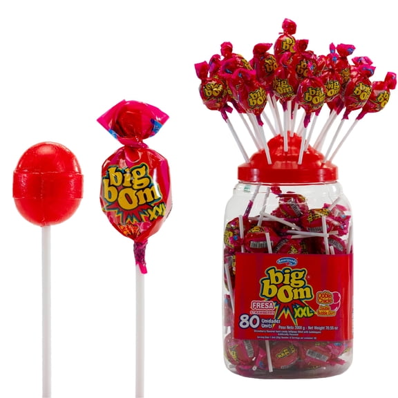Big Bom XXL Lollipops Fresa Strawberry Flavor 80 Count Jar Bulk Lollipops Individually Wrapped with Bubble Gum Center Large Hard Candy Suckers for Pinata Candy Party Favors and Kids Birthday