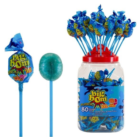 Big Bom XXL Lollipops Fusion Flavor 80 Count Jar Bulk Lollipops Individually Wrapped with Bubble Gum Center Large Hard Candy Suckers for Pinata Candy Party Favors and Kids Birthday