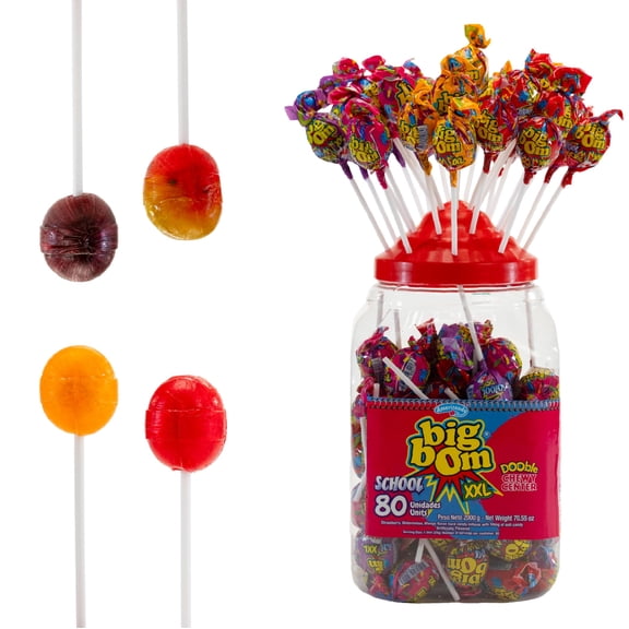 Big Bom XXL Lollipops School Flavor 80 Count Jar Bulk Lollipops Individually Wrapped with Bubble Gum Center Large Hard Candy Suckers for Pinata Candy Party Favors and Kids Birthday