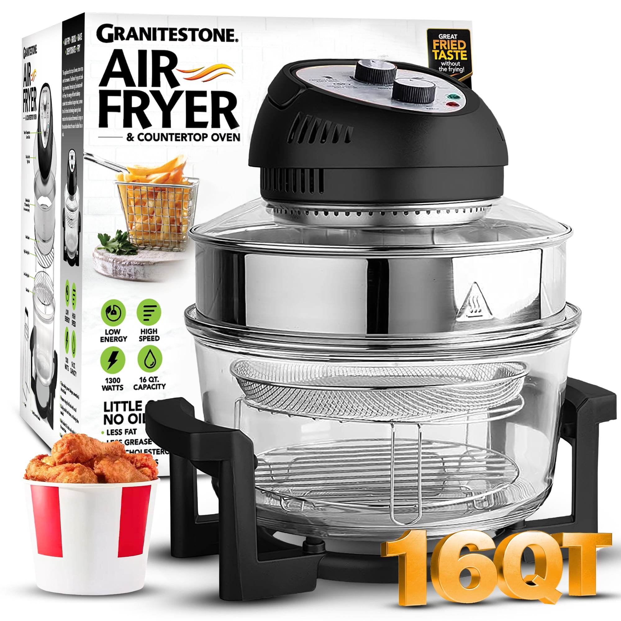 Granitestone Big Boss 16Qt Extra Large Glass Air Fryer Non Toxic – Family Sized 4 in 1 Cooker with 3 Cooking Sections, Stainless Steel Racks for French Fries, Chicken, Self Cleaning, Dishwasher Safe