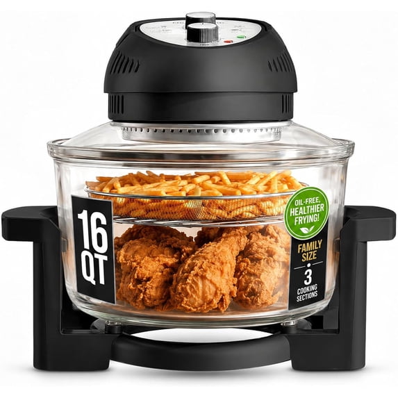 Granitestone 16Qt Large Glass Air Fryer Non Toxic – Family Sized Airfryer Cooker with 3 Cooking Levels, Stainless Steel Racks, Chicken, No Preheat, Self Cleaning, Dishwasher Safe, Black