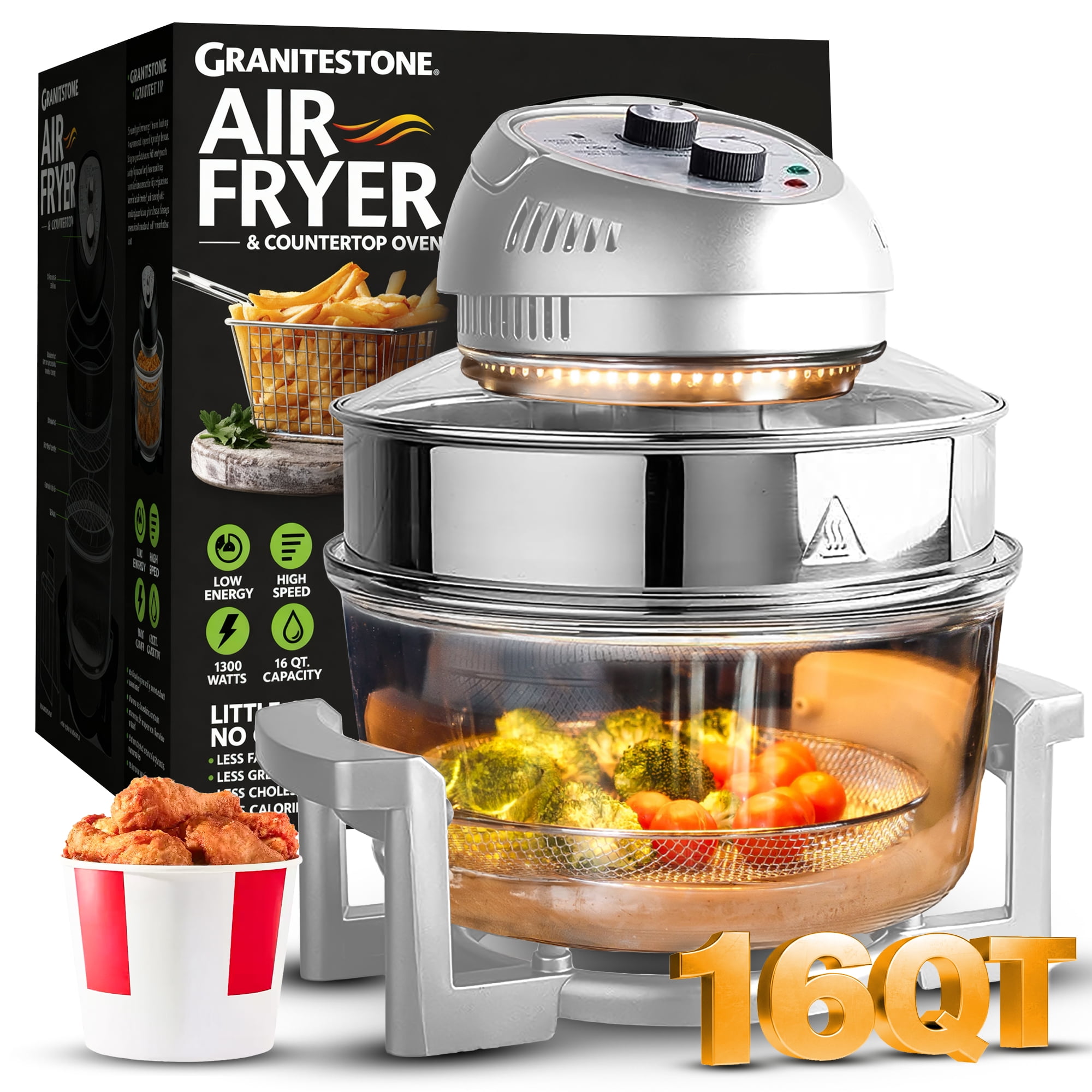 Granitestone Big Boss 16Qt Extra Large Glass Air Fryer Non Toxic – Family Sized 4 in 1 Cooker with 3 Cooking Sections, Stainless Steel Racks for French Fries, Chicken, Self Cleaning, Dishwasher Safe