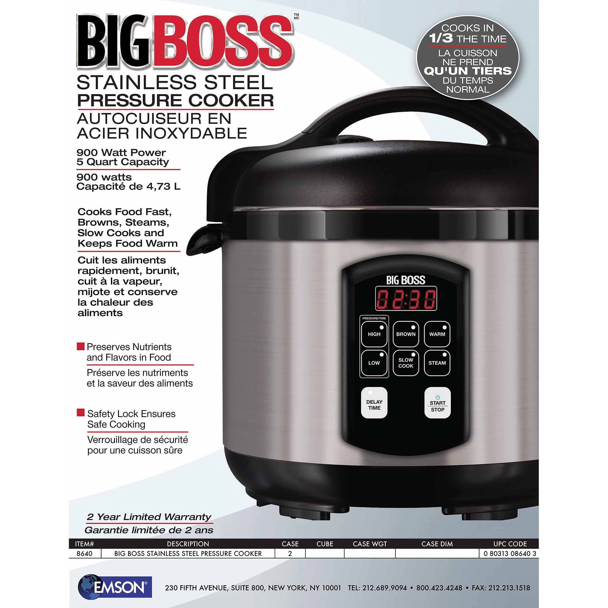 Big Boss 1300-Watt Stainless Steel Oval Pressure Cooker, 8.5-Quart