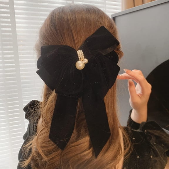 Big Bow Hair Clips with Pearl Black Bow Hair Clips Huge Soft Bow Women Barrettes Accessories for Women Girls (Black)