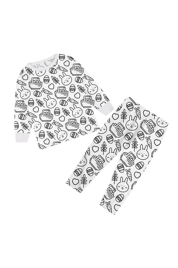 Big Boy Clothing Sets Easter Themed Long Sleeve Pajamas Cute Bunny Egg Print Scrubs for Boy Set,White,7Y