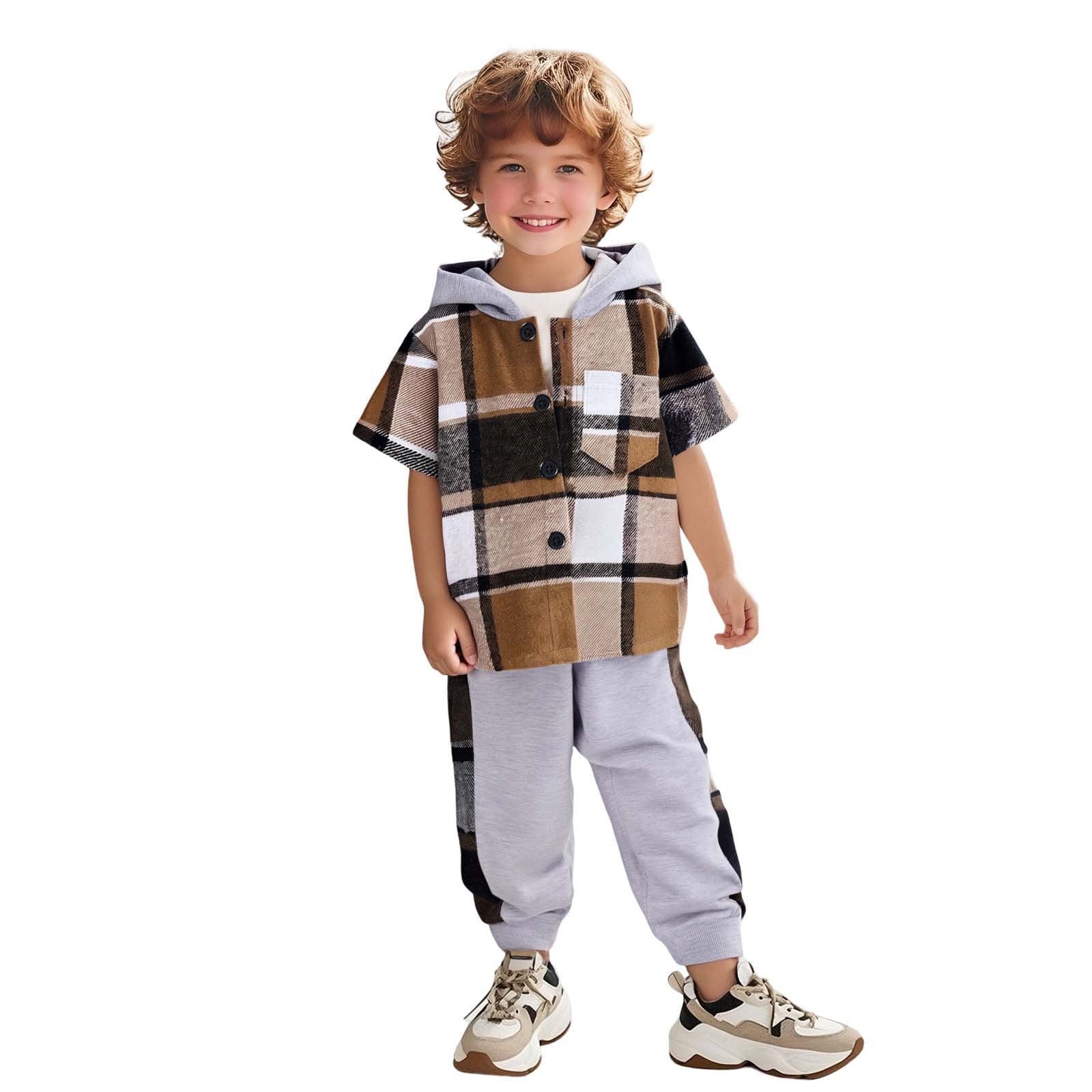 Big Boy Clothing Sets Short Sleeve Patchwork Plaid Prints Hooded Tops ...