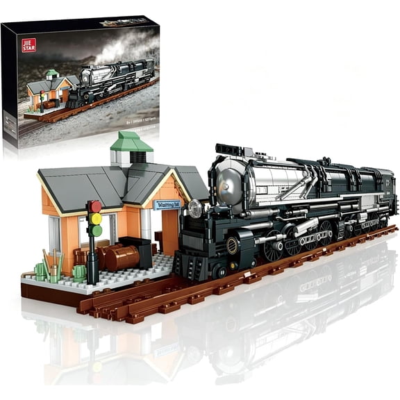 Big Boy Steam Train Building Set with Station&Tracks,Retro Union Pacific Locomotive Model with Movable Wheels, Realistic Cab Gauges,Ideal Building Block Set (1277PCS)