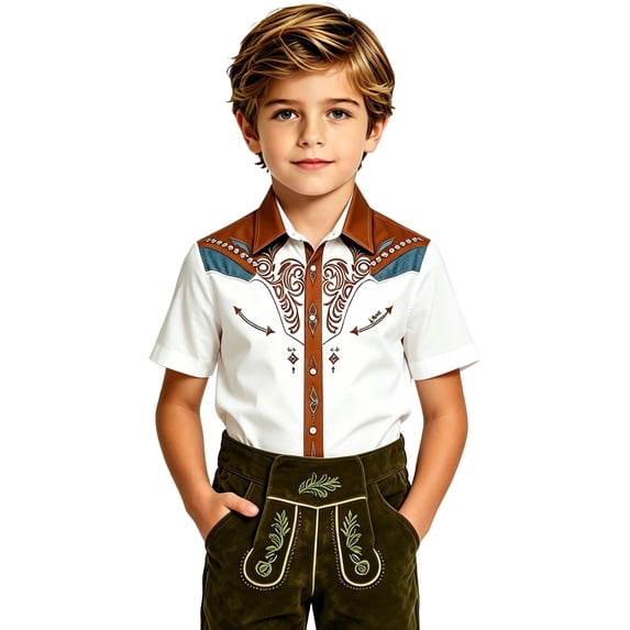 Big Boy's T-Shirts Short Sleeve Tees Western Shirt with Cowboy Print Button Front Top Size 9-10T