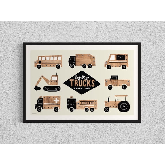 Big Boy's Trucks Collage Print Transportation Nursery Art, Stretched Canvas 12x16in