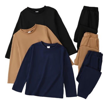 Big Boys 6Pcs Set - Solid Mixed Color Round Neck Long-Sleeved Sweatshirt   Elastic Waist Pocket Sports Trousers Suit for Fall Winter Outdoor