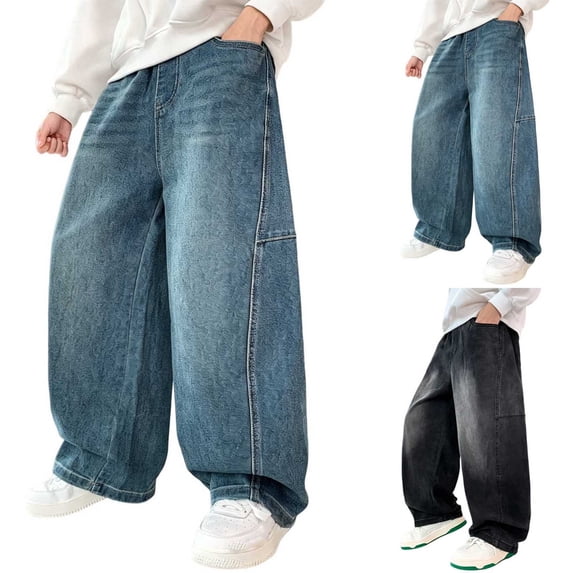 Big Boys Baggy Jeans - Wide Leg Y2K Denim Pants Comfortable Hip Hop Streetwear Elastic Waist Pants with Pockets, Straight Leg Jeans for Teen