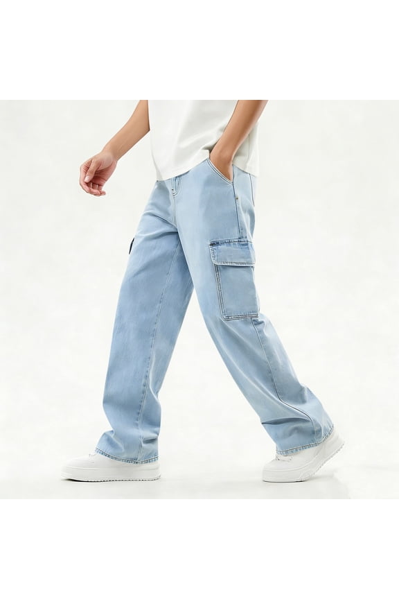 Big Boys Cargo Jeans Straight Leg Denim Relaxed Fit Pants with Multi Side Pockets for School Streetwear Daily Casual Bottoms, 12Y-16Y