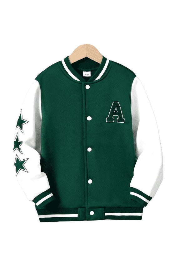 Big Boys Coat "A" Embroidery 7 Years Big Boys Color Block Star Print 8 Years Big Boys Patchwork Casual Baseball Jacket Green