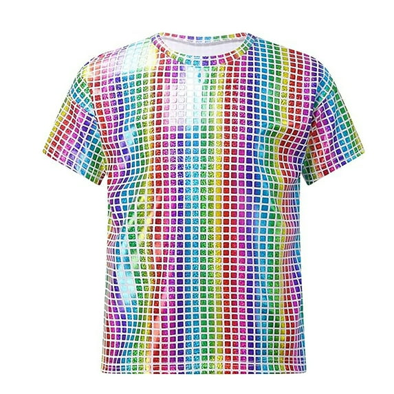 Big Boys Graphic T Shirt Square Sequins Checkered Shiny Short Sleeve Top Casual Outdoor Sports Performance Clothes Size 8-9T