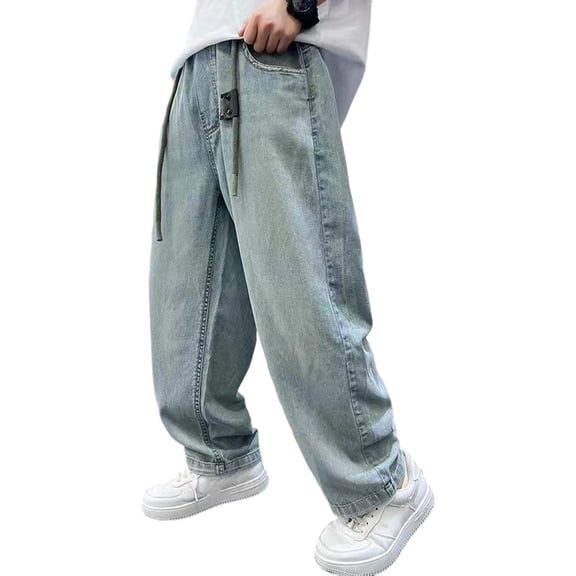 Big Boys' Jeans Drawstring Elastic Waist Straight Leg Denim Pants Child Lightweight Soft Loose Jeans