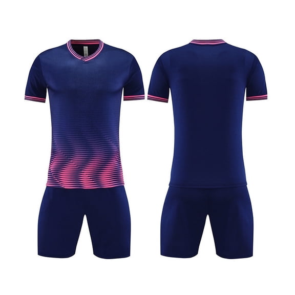 Big Boys Kids Soccer Jerseys 2 Piece Set, V Neck Quick Dry Striped Short Sleeve Jersey and Elastic Waist Training Shorts Youth Football Team Sport Tracksuit Navy-C