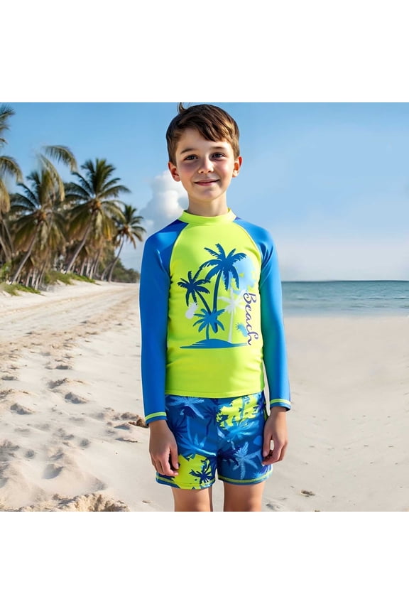 Big Boys Long Sleeve Top & Swim Shorts Quick Dry Rash Guard Upf 50+ For Surfing Pool Bathing Suits 2 Piece Swimsuit Green 8-9 Years