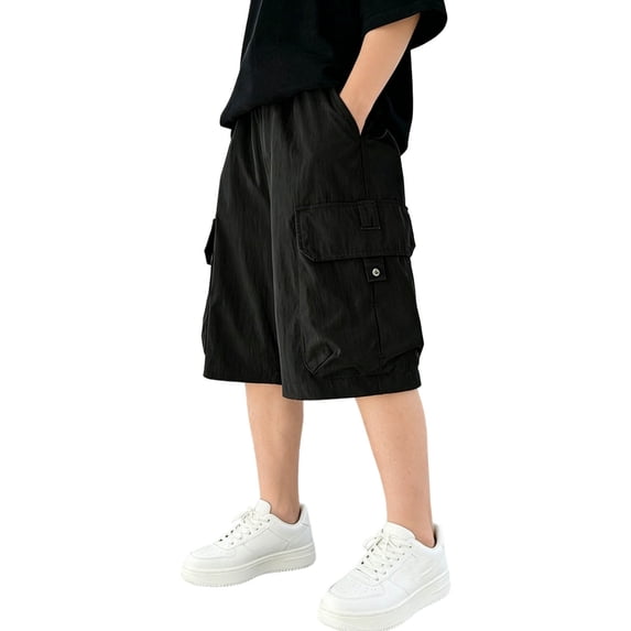 Big Boys Multi-Pocket Baggy Cargo Shorts, Elastic Waist Lightweight Outdoor Casual Knee Length Summer Sport Athletic Shorts Size 120-170 Black