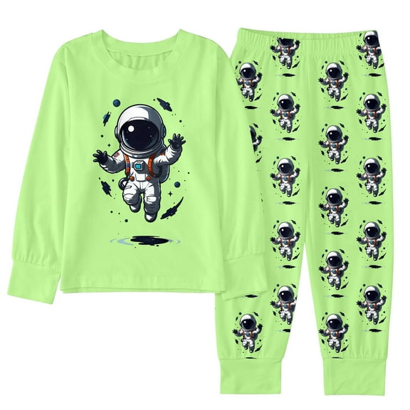Big Boys Outfits Sets Winter Alien Astronaut Cartoon Print Long Sleeve Top Pants Pajamas Kids Homewear Casual Fall Clothing Sets Light Green Size 9-10