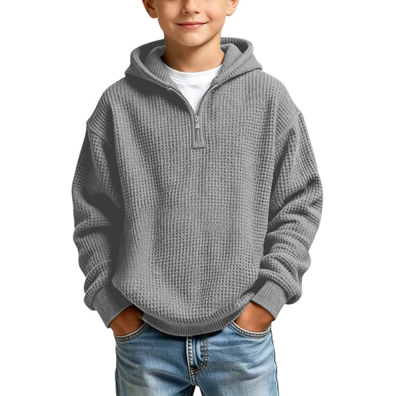 Big Boys Quarter Zip Hoodies - Waffle Knit Kids Long Sleeve Sweatshirts Teens Fall Winter Pullover Tops Clothes Daily Wear Gray 11 Years(11-12 Years)