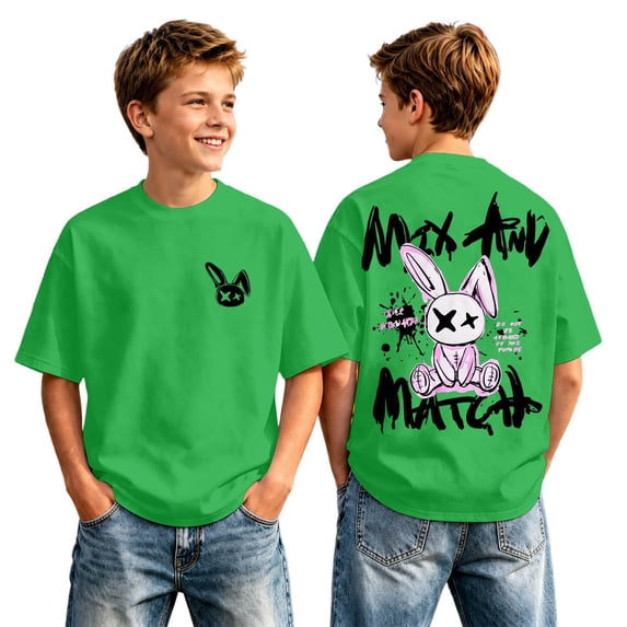 Big Boys Short Sleeve T-Shirt Rabbit Letter Print Crew Neck Loose Casual Tops for School Outdoor Holiday Size 10-11T