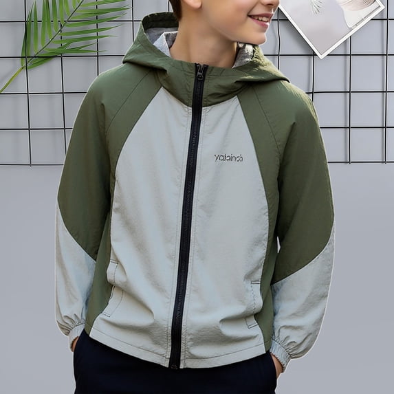 Big Boys Summer Thin Zip Hooded UPF Sun Protection Jacket Breathable Outdoor Coat Green A 8-9 Years