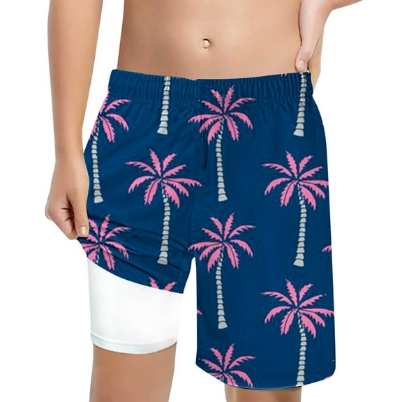 Big Boys Swim Trunks Summer Cartoon Print Swimming Beach Bathing Suit With Compression Liner High Waisted Loose Fit Casual Swimsuit Dark Blue Youth Swimwear 14-16T