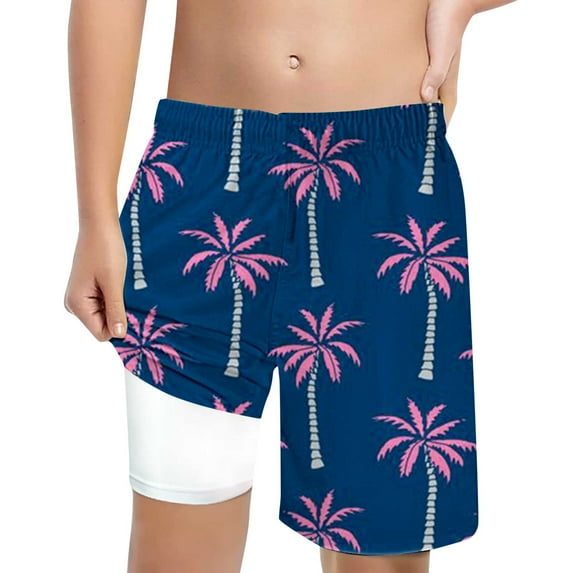 Big Boys Swim Trunks Summer Cartoon Print Swimming Beach Bathing Suit With Compression Liner High Waisted Loose Fit Casual Swimsuit Dark Blue Youth Swimwear 14-16T