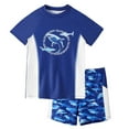 thumbnail image 1 of Big Boys Two Piece Set Swimwear Short Sleeve Swim Shirt Shorts Set Cartoon Print Upf50+ Rash Guard Beach Pool Summer Water Play Blue,10T, 1 of 9