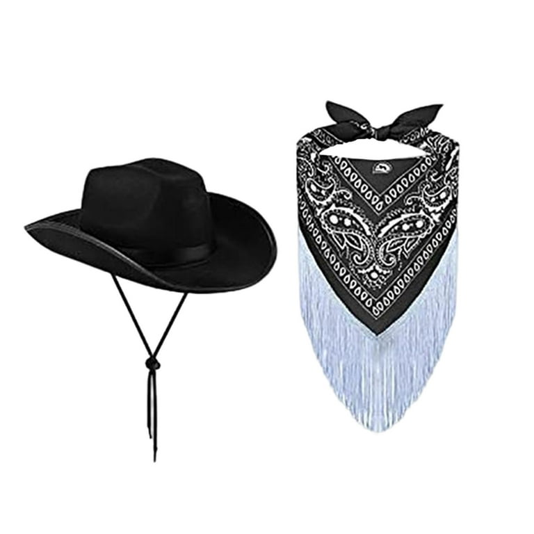 Big Brim Cowgirl Hat, with Tassel Silk Scarf Summer Sunhat for Women Men  Adults Fishing Photo Props Hiking , Black 