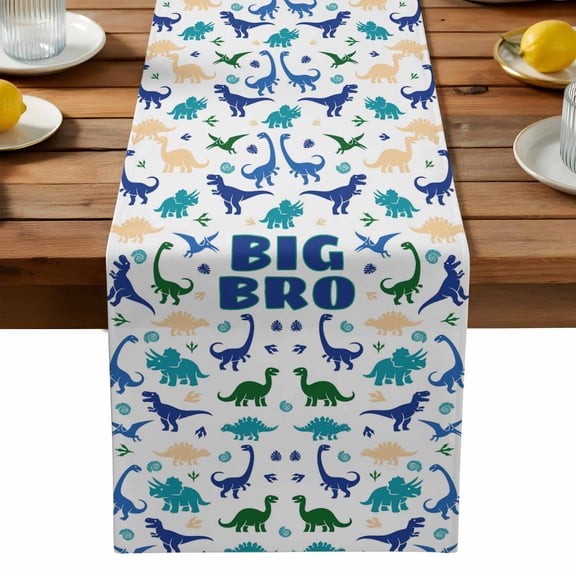 Big Bro Table Runner, Cartoon Green Blue Yellow Dinosaurs Animals Washable Kitchen Table Runners Dress Scarves for Dining Table Decorations Party, 13x108in
